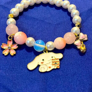 Cute Girl Gift Pink Cinnamoroll Bracelet Flower Bow Crystal Beaded Enamel Charms